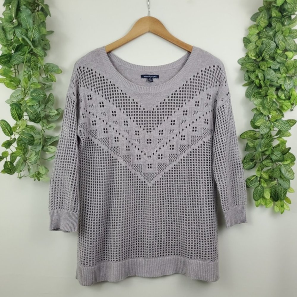 American Eagle Geometric Casual Open Knit Boho Long Sleeve Sweater Grey medium - Picture 5 of 9